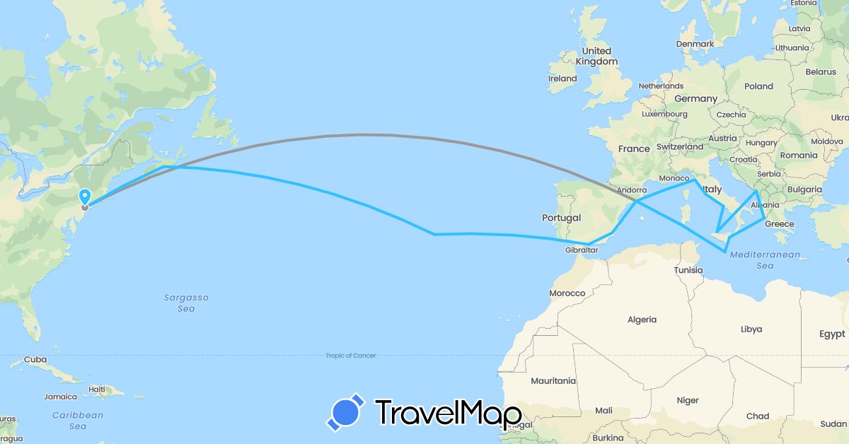 TravelMap itinerary: plane, boat in Canada, Spain, Greece, Italy, Montenegro, Malta, Portugal, United States (Europe, North America)